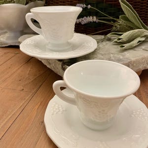 Vintage Harvest Grape Milk Glass Tea Cup and Saucer set of 2