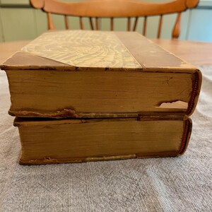K&ouml;nnte beinhalten: Zwei antike B&uuml;cher mit braunen Ledereinb&auml;nden und goldfarbenen Akzenten. Die B&uuml;cher sind &uuml;bereinander gestapelt.