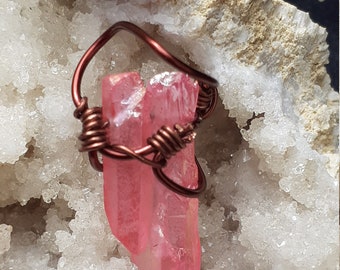 Wire Wrapped Pink Aura Quartz Crystal Pendant