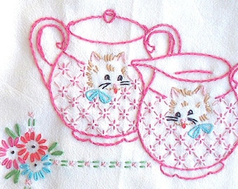 DOG & CAT DISHES #628 Tea Towel Motifs Vintage Embroidery Patterns Reprinted as Hot Iron Transfers for Hand Stitching