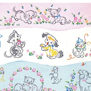 KITTENS & PUPPIES for CHILD'S Linens Clothing Blankets Bibs Vintage Embroidery Patterns Reprinted as Hot Iron Transfers for Hand Stitching