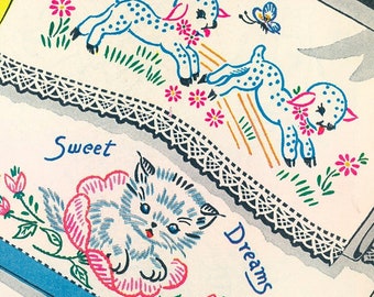 DREAM HOME #265 Pillowcase Bedroom Motifs Vintage Embroidery Patterns Reprinted as Hot Iron Transfers for Hand Stitching