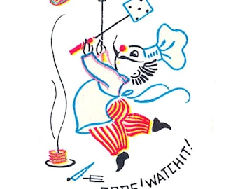Könnte beinhalten: Ein Vintage-Style Bügelbild mit einem Cartoon-Koch in einer weiß-rot gestreiften Uniform, der eine Kelle und eine Gabel hält, mit dem Text "OOPS! WATCHIT!" und "French Chef #244".