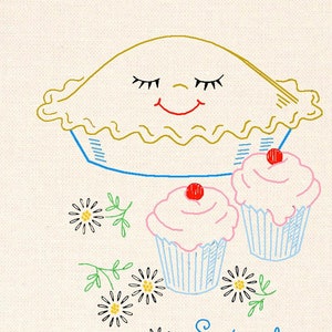 May include: A white kitchen towel with a red and white checkered border. The towel features an embroidered design of a pie with a smiling face, two cupcakes with pink frosting and red cherries, and a cluster of white daisies. The text "Saturday" is embroidered in blue below the cupcakes.