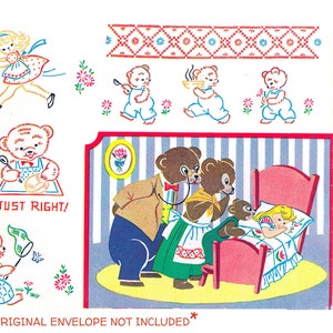 GOLDILOCKS & 3 BEARS #295 Fairytale Motifs Vintage Embroidery Patterns Reprinted as Hot Iron Transfers for Hand Stitching