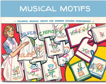 Musical Motifs | Vintage Embroidery Patterns Reprinted as Hot Iron Transfers for Hand Stitching