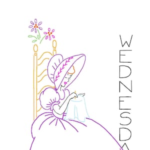 SUNBONNET MAID #012 Weekday Tea Towel Motifs Vintage Embroidery Patterns Reprinted as Hot Iron Transfers for Hand Stitching