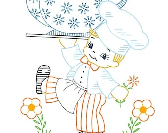 BOY & GIRL CHEFS #708 Kitchen Tea Towel Motifs Vintage Embroidery Patterns Reprinted as Hot Iron Transfers for Hand Stitching
