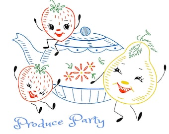 May include: A blue teapot with a floral design is surrounded by three cartoon fruit characters: a red strawberry, a red strawberry, and a yellow pear. The text "Produce Party" is written below the teapot.