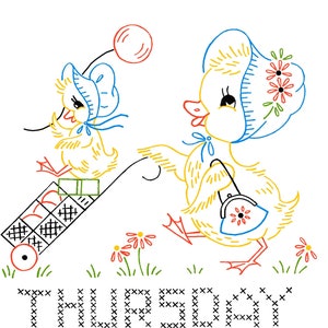 MAMA DUCK #251 Weekday Towels Kitchen Motifs Vintage Embroidery Patterns Reprinted as Hot Iron Transfers for Hand Stitching