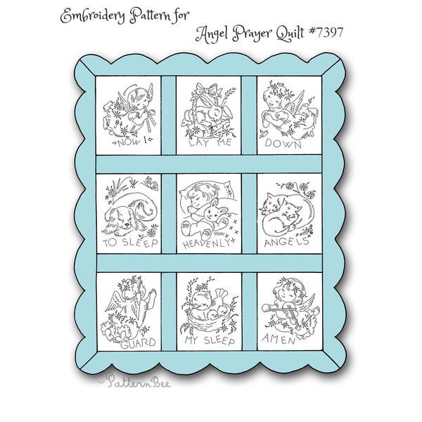 ANGEL PRAYER QUILT & Directions Vintage Embroidery Pattern Reprinted As Hot Iron Transfers for Hand Stitching