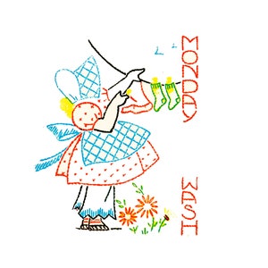 LITTLE SUSAN #105 Weekday Sunbonnet Towels & Kitchen Motifs Vintage Embroidery Pattern Reprinted as Hot Iron Transfers for Hand Stitching