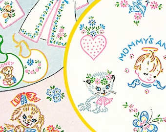 May include: A vintage embroidery pattern sheet with a variety of designs for baby items. The designs include a baby's gown, a bib, a heart, a kitten, a butterfly, a bird, and an angel with the text "Mommy's Angel".