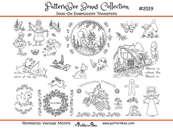 2019 PatternBee BONUS COLLECTION:  Embroidery Designs Reprinted as Hot Iron Transfers for Hand Stitching
