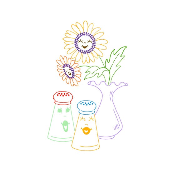 CHEERY FLOWERS & DISHES #974 Kitchen Motifs Vintage Embroidery Pattern Reprinted as New Hot Iron Transfer