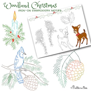 WOODLAND CHRISTMAS #1410 Holiday Motifs Vintage Embroidery Patterns Reprinted as Hot Iron Transfers for Hand Stitching
