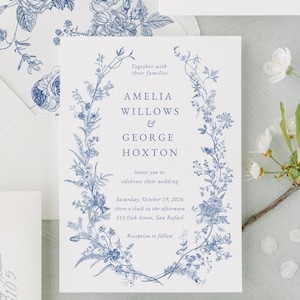 Wedding invitation template navy blue, floral wedding invitation set royal blue, wildflower wreath wedding invitation editable canva navy