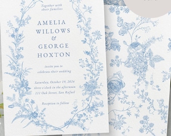 Dusty Blue Floral Wedding Invitation Template, Editable Canva (Digital Download)