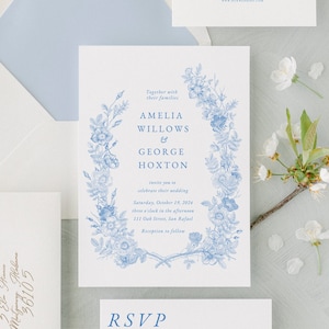 Wedding invitation template light blue, canva wedding invitation template baby blue, floral wedding invitation dusty blue instant download