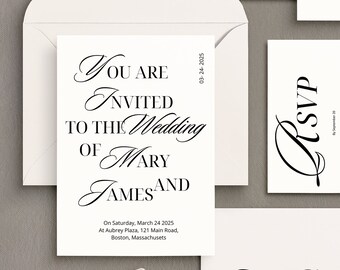 Minimalistic wedding invitation suite template, modern wedding invitation set, printable wedding invitations editable in canva typography