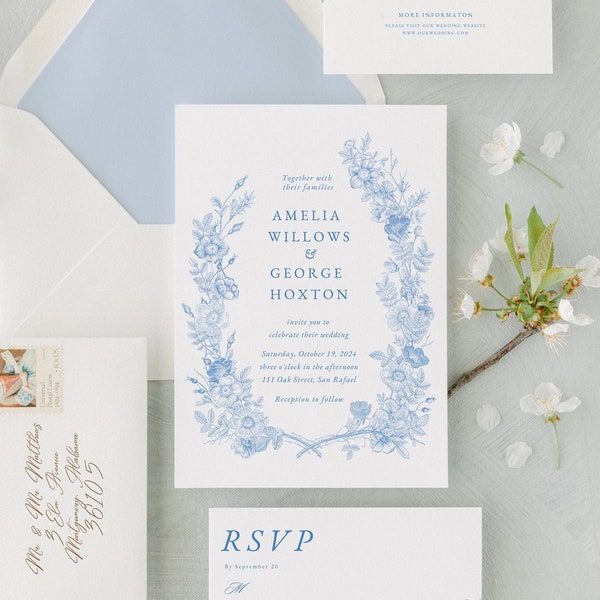 Wedding invitation suite light blue, canva wedding invitation template floral roses, wedding invitation bundle with rsvp instant download