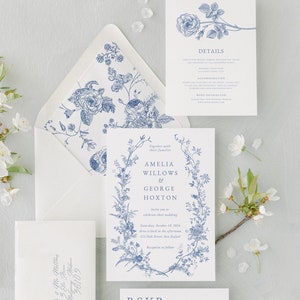Suite bleu royal d'invitation de mariage, roses florales de modèle d'invitation de mariage de toile, paquet d'invitation de mariage avec le téléchargement instantané de rsvp
