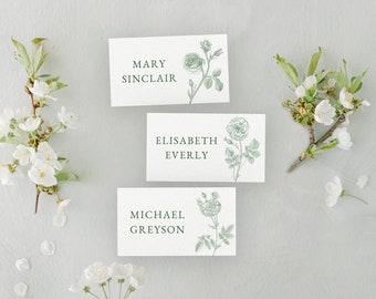 Place card template sage green with roses, wedding place escort card template, printable wedding wildflower place cards editable canva sage