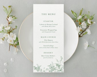 Sage green wedding menu template with wildflowers, floral wedding menu card, 3-course wedding menu template green editable canva