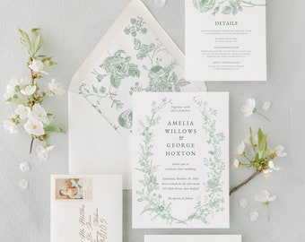 Sage green wedding invitation suite template with rsvp card, wildflower green garden wedding invitations, elegant invitation template green