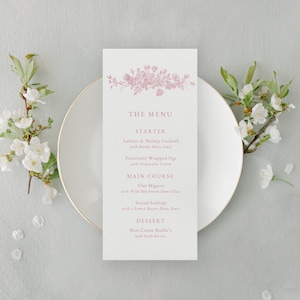 Plantilla de menú de boda con flores rosas rosas, tarjeta de menú de boda floral regencia, plantilla de menú de boda de 3 platos rosa editable canva