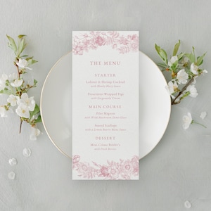Plantilla de menú de boda con patrón floral rosa, tarjeta de menú de boda con flores silvestres, plantilla de menú de boda de 3 platos en lienzo editable rosa