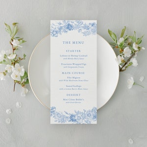 Blauwe bruiloft menusjabloon, bloemen bruiloft menukaart blauwe wilde bloemen en rozen, bloemen blauwe bruiloft menusjabloon bewerkbaar canvas