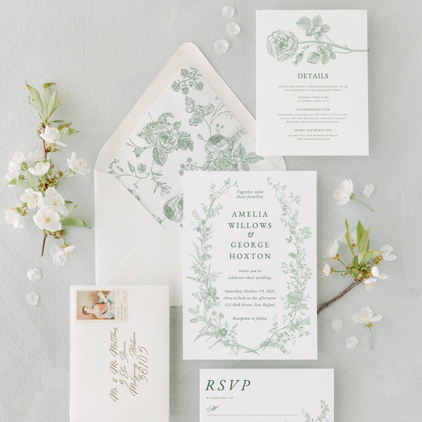 Modèle de suite d'invitations de mariage vert sauge avec carte RSVP, faire-part de mariage de jardin vert fleurs sauvages, modèle d'invitation élégant vert