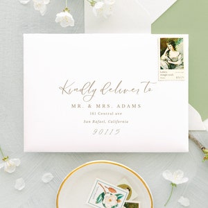 Hochzeitseinladung Umschlag Vorlage Kalligraphie, editierbar in Canva, Beige, rsvp adress Vorlage für eine klassische Hochzeit, a7, a6, a2, a1
