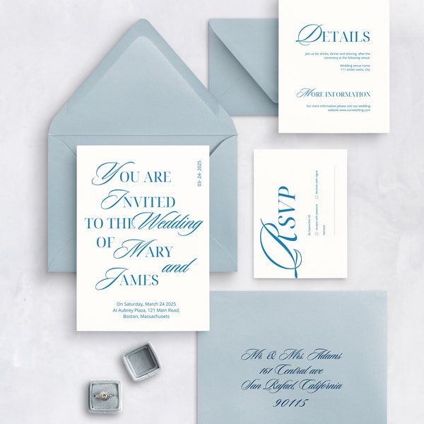 Minimalistic wedding invitation suite template dusty blue, modern wedding invitation set, printable wedding invitations editable in canva