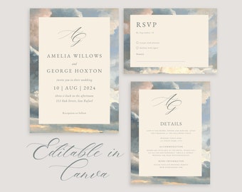 Wedding invitation template with sky clouds editable in canva, fine art wedding invitation, oil painting wedding invitation