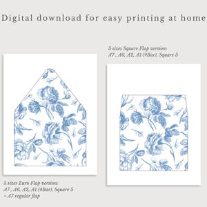 Dusty blue envelope liner template, antique blue floral envelope liner, envelope liner toile de jouy, rose flower wedding liner chinoiserie