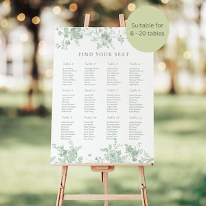 Plantilla de plano de asientos para boda con diseño floral en color verde salvia, plantilla de plano de mesa para boda imprimible, póster de asientos para boda editable e imprimible en Canva