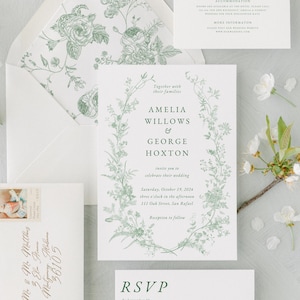 Modèle de suite d'invitations de mariage vert sauge avec carte RSVP, faire-part de mariage de jardin vert fleurs sauvages, modèle d'invitation élégant vert