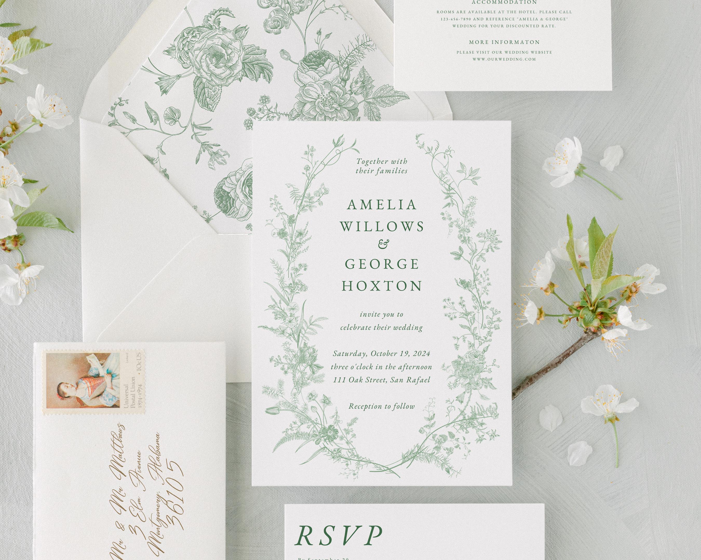 Sage Green Wedding Invitation Suite Template for Canva With Wildflowers ...