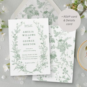 Sage green wedding invitation suite template with rsvp card, wildflower green garden wedding invitations, elegant invitation template green