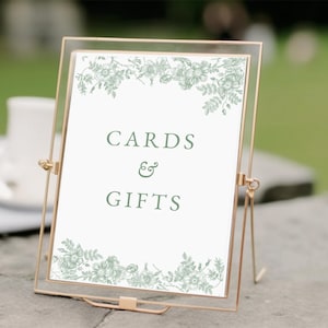 Saliegroen bord voor kaarten en cadeaus, afdrukbare kaarten met wilde bloemen en cadeaus bruiloft babyshower bordsjabloon bewerkbaar in canvas