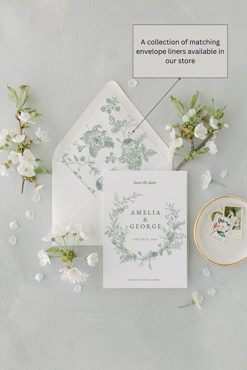 Save the date sage green and matching liner with toile do jouy pattern