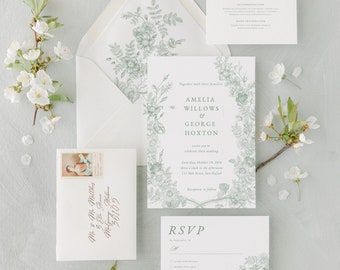 Sage Green Wedding Invitation Suite Template, Floral RSVP Card  (Editable in Canva)