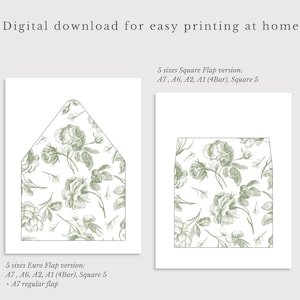 Afdrukbare bloemen envelop voering salie groen bruiloft, franse bloemenpatroon voering, toile de jouy voeringsjabloon groen, a7 a1 vierkante voering
