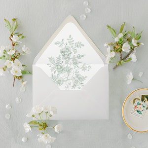 Printable floral envelope liner sage green wedding, french flower pattern liner template a7 euro square flap, a6 a2 a1 4bar liner template