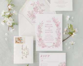 Afdrukbare roze rozen bruiloft uitnodiging sjabloon, Floral nodigt bewerkbaar in canva, vintage afdrukbare botanische bloemen bruiloft uitnodiging