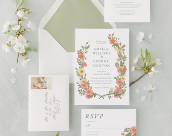 Wildflower Wedding Invitation Suite, Pink and Green, Editable Template (Canva)