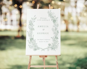 Sage Green Wildflower Wedding Welcome Sign Template, Editable in Canva (Digital Download)