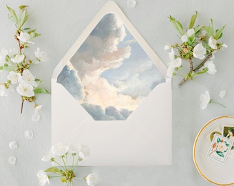 Plantilla para forro de sobre con diseño de nubes y cielo, boda vintage (imprimible)